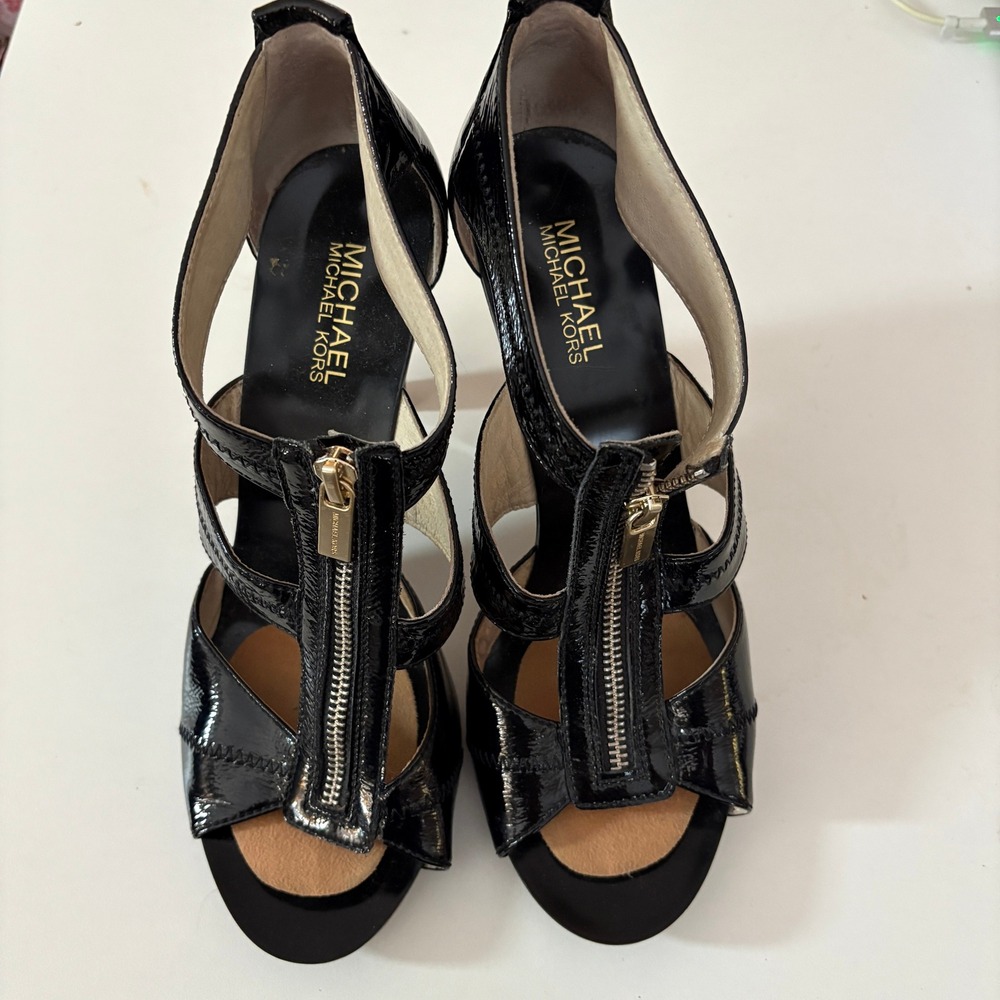 Michael Kors Black Patent Leather Zip Detail Heels Open Toe Shoes